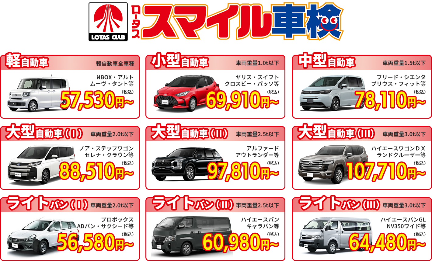 スマイル車検 主な車種別の料金表